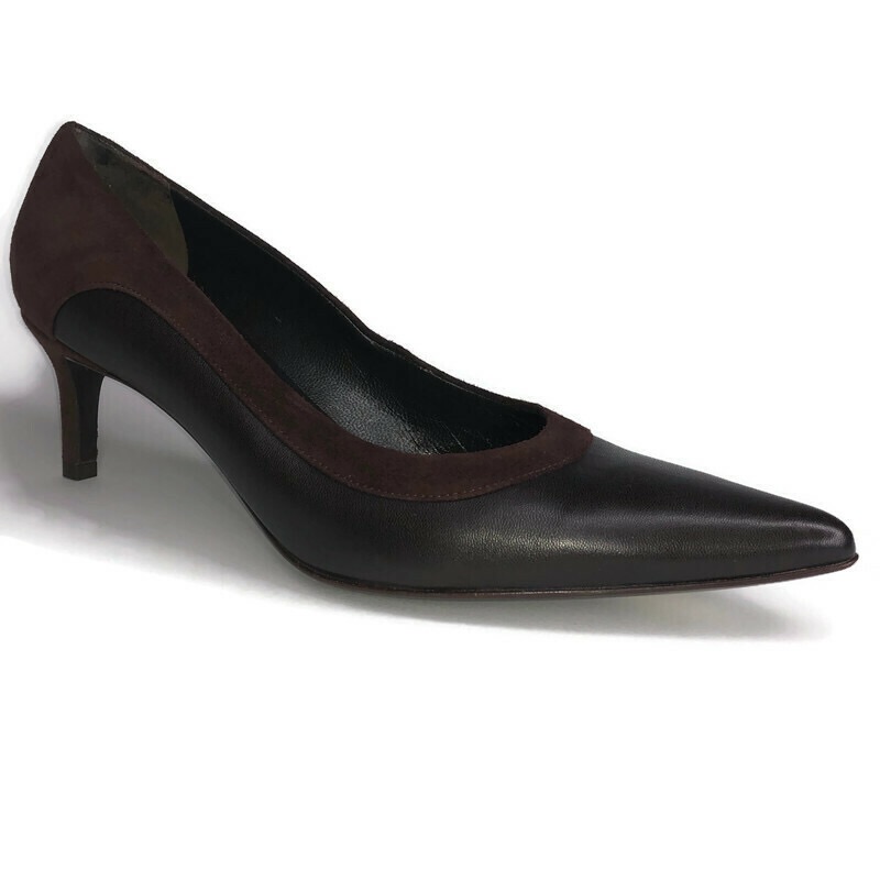 New St. John Black Leather Brown Suede Pumps 6.5